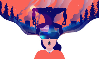 Virtual reality horror - Woman using VR headset to get scared. Scary monster in a apocalyptic landscape and red sky. Video game, entertainment and technology concept. © Knut