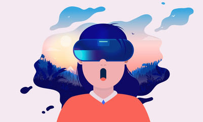 Amazing VR experience - Girl using virtual reality headset and seeing a jaw dropping digital nature scene. Gaming, video game and entertainment concept. Vector illustration.