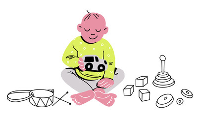 Baby is sitting on the floor and playing with a toy car cubes and a drum lying around. Vector illustration. Flat design