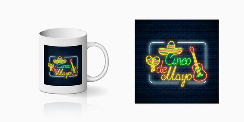 Neon summer print of sinco de mayo holiday with guitar, maracas and sombrero hat for cup design. Mexican festival emblem