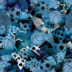 Abstract seamless sport pattern for girls,boys. Creative vector sport pattern with triangle, stars, heart, balls. Funny wallpaper for textile, fabric. Fashion sport pattern style. Colorful blue print