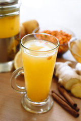 Sea buckthorn tea is in a glass