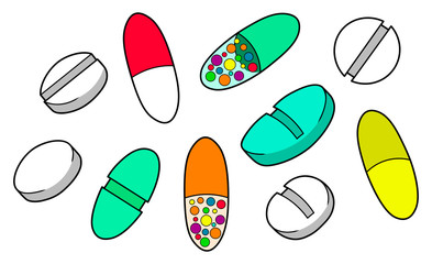 Pills medical cartoon vector isolated colorful illustrations