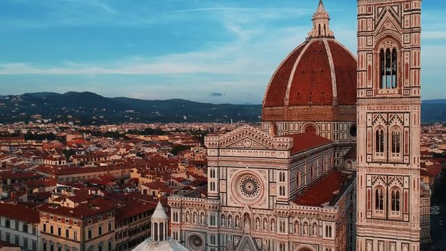 Aerial close-up of Florence Cathedral Duomo dome and bell tower Italy