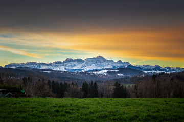 Alps mountains in Switzerland near the St. Gallen at sunrise