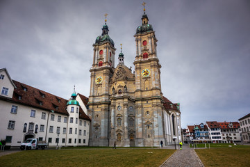 Fototapeta na wymiar Church on main square in St Gallen, town in Switzerland