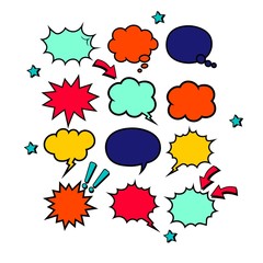Retro empty comic bubbles in bright colors or speech and thought icon set on isolated white background. Pop art style, vintage design. EPS 10 vector.