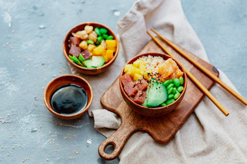 Raw Organic Ahi Tuna Poke Bowl with Rice and Veggies