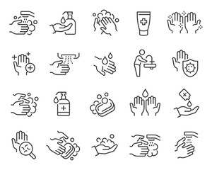 Washing Hands and Hygiene icons set. Editable vector stroke.