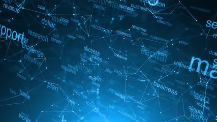 Artistic modern dark blue coloured business network with word cloud motion. Copy space animation background.
