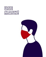 Vector illustration man with mask. Protection from infection. Coronavirus, covid-19, pandemic.  