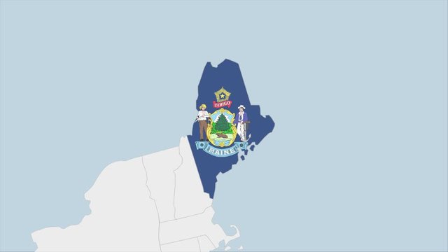 US State Maine map highlighted in Maine flag colors and pin of country capital Augusta.