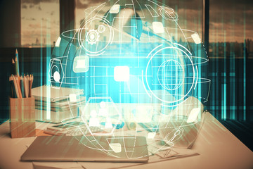 Double exposure of social network theme drawing and office interior background. Concept of web.