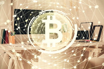 Double exposure of crypto technology theme drawing and office interior background. Concept of...