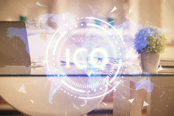Double exposure of crypto technology theme drawing and office interior background. Concept of...