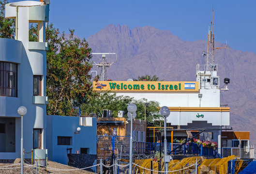 Taba, Egypt - August 10, 2011: Building on the Israeli border in Eliat seen from Taba resort town, near the northern tip of the Gulf of Aqaba