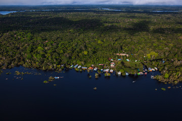 Small village on the banks of the river in the flooded forest.