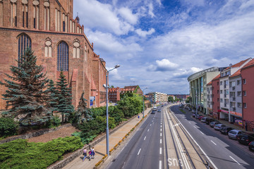Stefan Wyszynski Street in Szczecin city, view with Saint James the Apostle Cathedral in Szczecin...