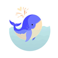 Cute whale. Vector cartoon illustration. Hand drawn. T-shirt print design. Baby shower card
