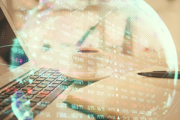 Double exposure of business theme drawing and desktop with coffee and items on table background....