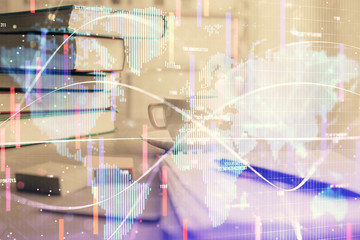 Double exposure of business theme drawing and desktop with coffee and items on table background....