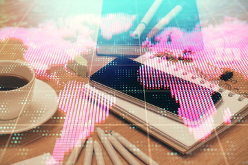 Double exposure of financial theme drawing and cell phone background. Concept of business