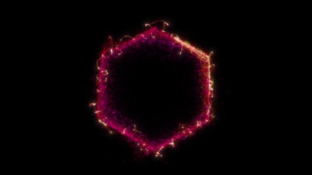 Seamless loop. Animation of a hexagonal red portal consisting of particles and bursts of energy isolated on black background with alpha luma matte VFX CG 4k.