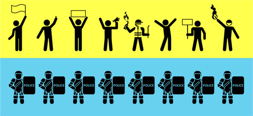 Set of icons that represent confrontation between police and demonstrators. Political Protests. Protesters pictogram concept.