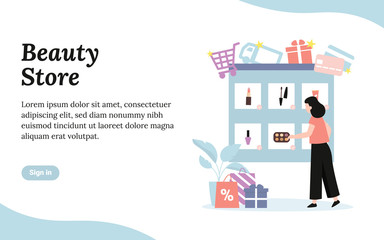 Beauty cosmetics store. Shopping concept. Flat vector cartoon illustration template for web landing page, banner, social media, poster, flyer.