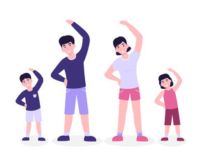 Family is doing morning fitness exercising, slope. Flat vector modern cartoon illustration isolated white background.
