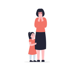 Mom cries, little daughter hugging and calms down mother. Concept flat vector cartoon Illustration. Family problems, pressure at work, domestic abuse, unhappy marriage.