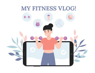 Young blogger or vlogger girl. Woman do fitness and shoot video lessons on camera. Concept flat vector illustration for web landing page, banner, social media, poster, application.
