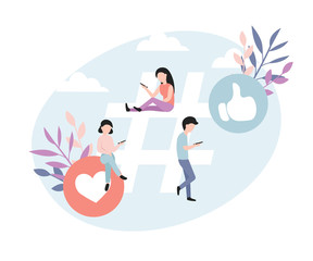 Bloggers or vloggers. Concept of hashtag for social media network. Small people near a big tag. Flat vector illustration for web landing page, banner, social media, poster, application.