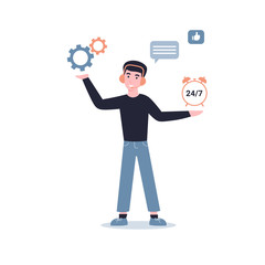 Technical support man, round the clock site maintenance. Flat vector cartoon modern illustration in trendy style