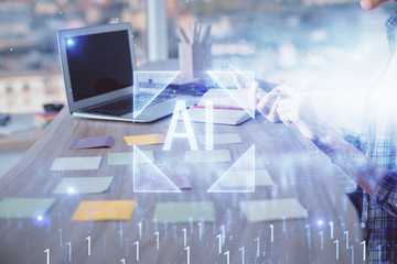 Multi exposure of woman hands working on computer and data theme hologram drawing. Tech concept.