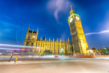 The Big Ben and Westminster Palace at night in London