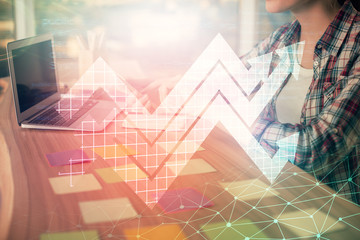 Double exposure of woman hands typing on computer and arrows drawing. Success concept.