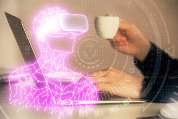 Double exposure of woman hands typing on computer and man in AR glasses drawing. Education concept.