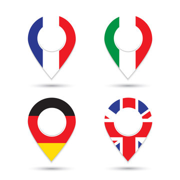 Germany Italy France UK flags geolocation sign isolated on white vector illustration