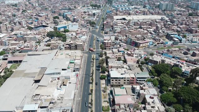 Surco district, in Lima Peru. During the lockdown for coronavirus. Empty streets, few public transportation. Aerial view. Resolution 2.7k