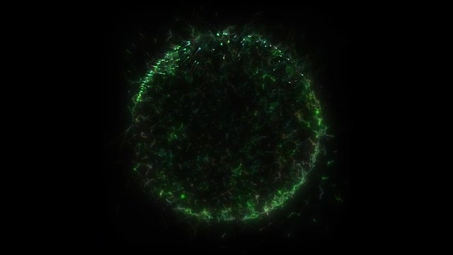 Seamless loop. Animation of a green circle portal, consisting of particles and bursts of energy, isolated on black background with alpha luma matte VFX CG 4k. Space door. Constellations. Galaxy.