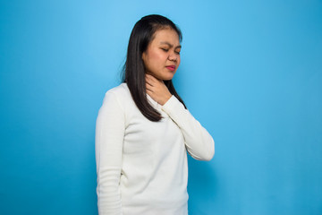 Portrait of Young beautiful asian women using white T-shirt with blue isolated background, women...
