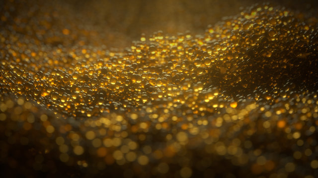 Abstract premium golden caviar-like particles shine on a dark background in the center of the screen. Close up. 3d render