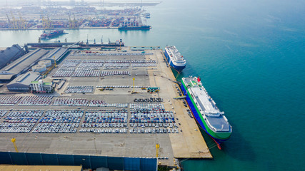 Aerial view ro-ro ship, Cargo ship transportation of business logistic sea freight, New Cars...