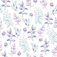 Seamless pattern with  hand painted spring flowers and leaves. Can be used for wallpaper, scrapbooking, textile production, packaging, wrapping paper, blog,fabric. Botanical illustration on white