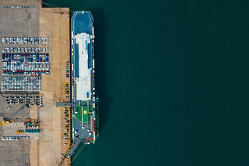 Aerial view ro-ro ship, Cargo ship transportation of business logistic sea freight, New Cars produced by year up in the port for Cargo ship and Cargo import-export around in the world