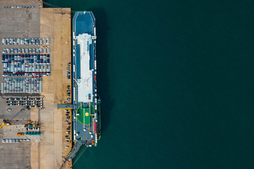 Aerial view ro-ro ship, Cargo ship transportation of business logistic sea freight, New Cars...