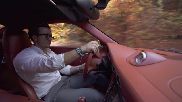 Close up of young handsome businessman driving a luxury car on the highway through mountain forest. Concept of business, success, traveling, luxury.