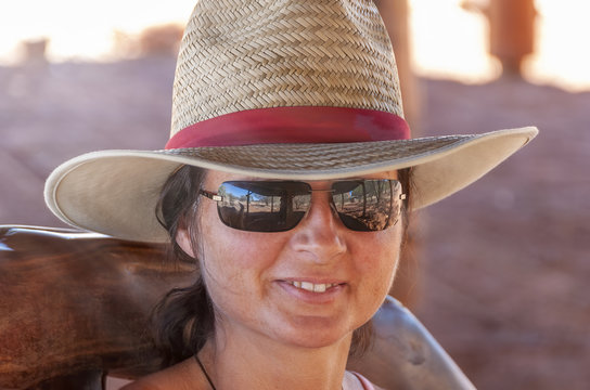 Happy Woman Wearing Straw Hat Visiting Australian Outback