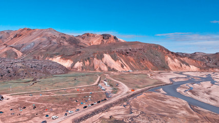 Aerial view of Landmannalaugar mountains and landscaoe from car parking, Iceland